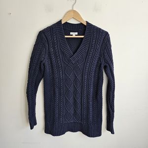 L.L. Bean Sweater Womens XS Navy Cotton Fisherman Tunic Cable Knit Chunky V-Neck